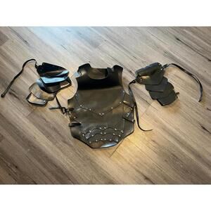 Black Leather Cosplay Armor Vest with Arm Guards - Open Box Quality